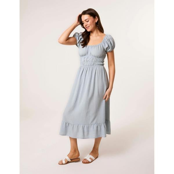Blue Vanilla Puff Sleeve Shirred Panel Dress
