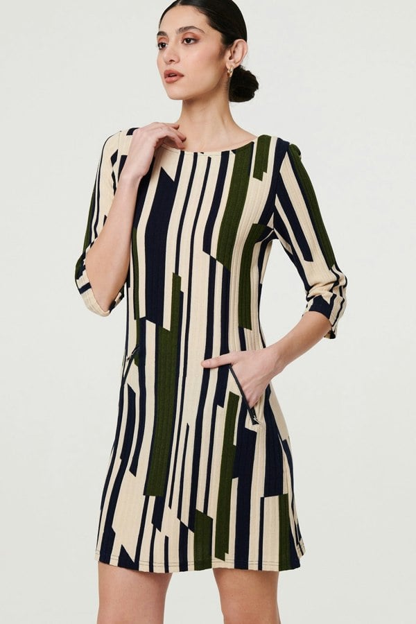 Green | Printed Stripe Texture Short Shift Dress
