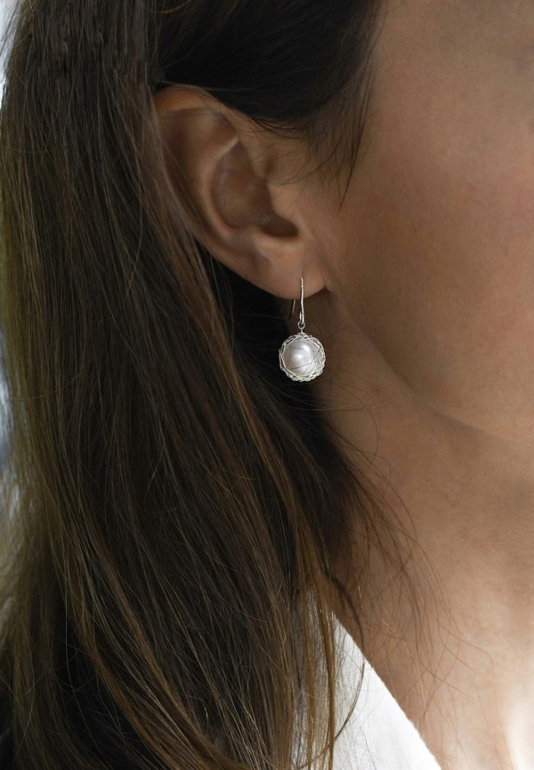 Aelita Jewellery Hand Crocheted Fine Silver Dangle Earrings with White Freshwater Cultured Pearls