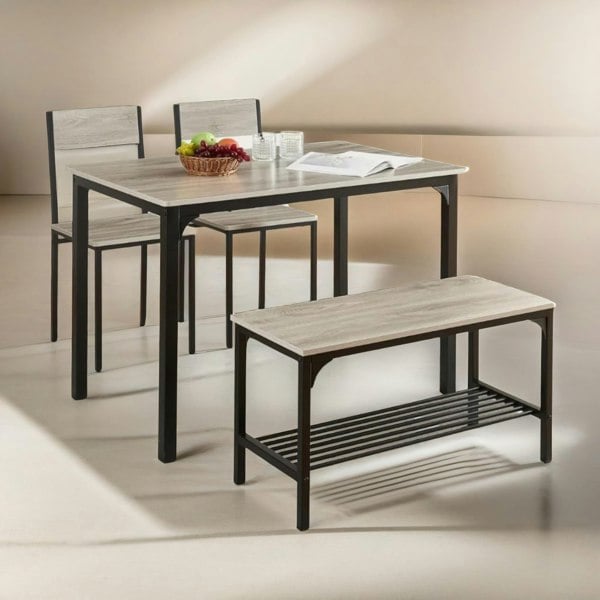 Rafaelo Mobilia Industrial Compact Dining Table With 1 Bench & 2 Chair Set Grey
