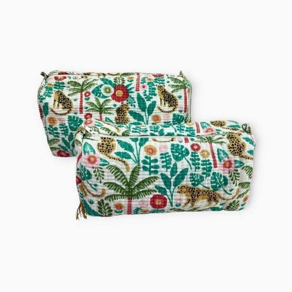 Hayley & Co Little Leopard Cotton Washbag, Make Up Bag, Pencil Case with Waterproof Lining - Little Leopards Print in Greens
