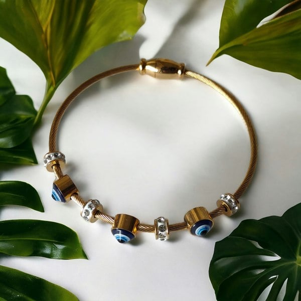 The Colourful Aura Blue Evil Eye Brass Gold Zircon Magnetic Bangle Bracelet