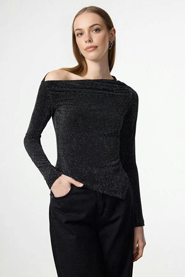 WOVCOR Asymmetrical Collar Glittery Knit Chic Party Blouse