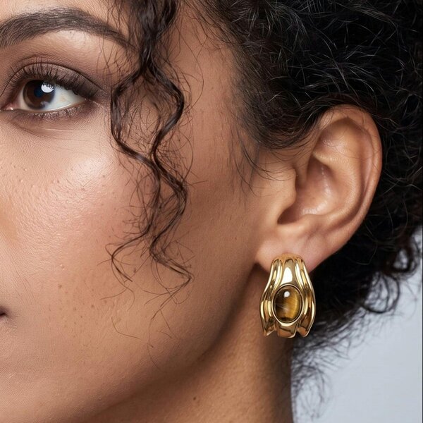 Uchi & Soto Nekomeishi Tiger's Eye Stone Hoop Earrings