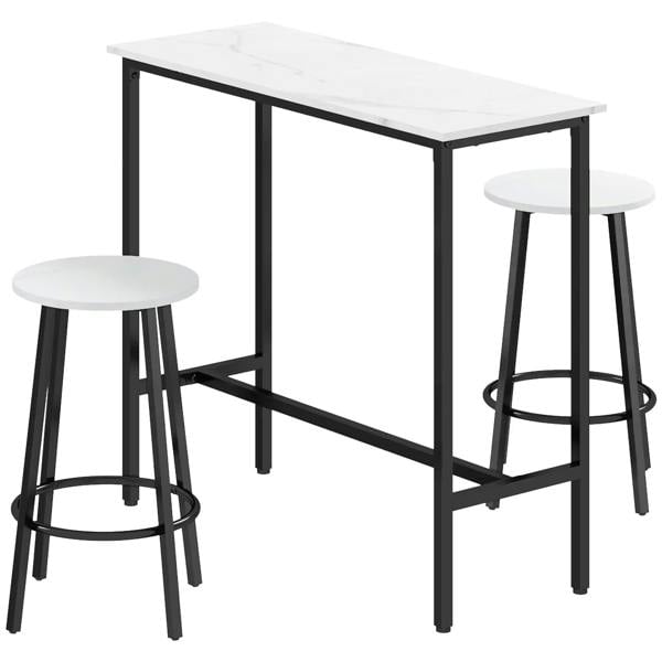 White marble-effect bar table with black frame and two matching round stools