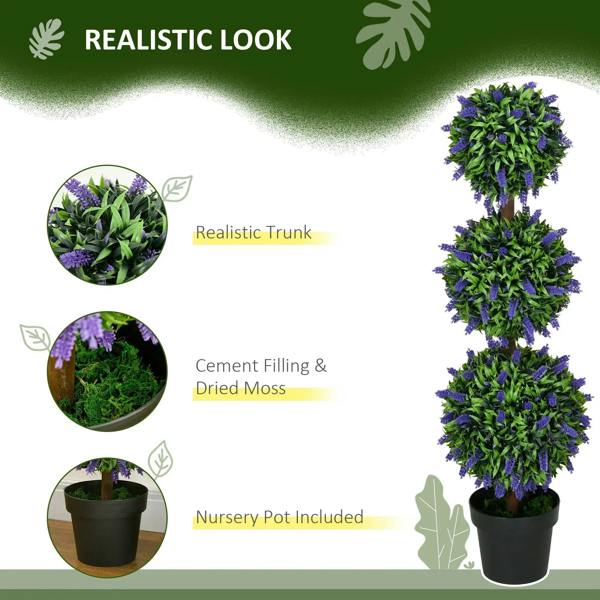 Artificial lavender ball tree with layered purple pom-pom blooms and green leaves in black pot