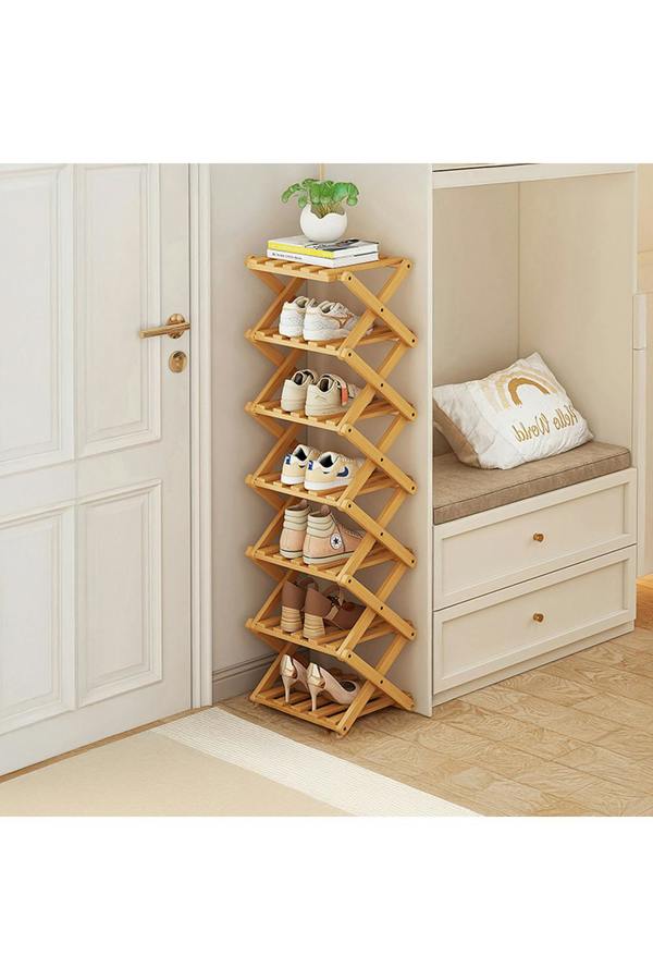 Living and Home 7 Tier Bamboo Folding Shoe Rack Shoe Storage Organiser - Light Oak