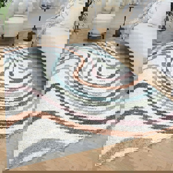 Moodi Shaggy Multicolour Rug, Striped design, Easy to clean| THE RUG