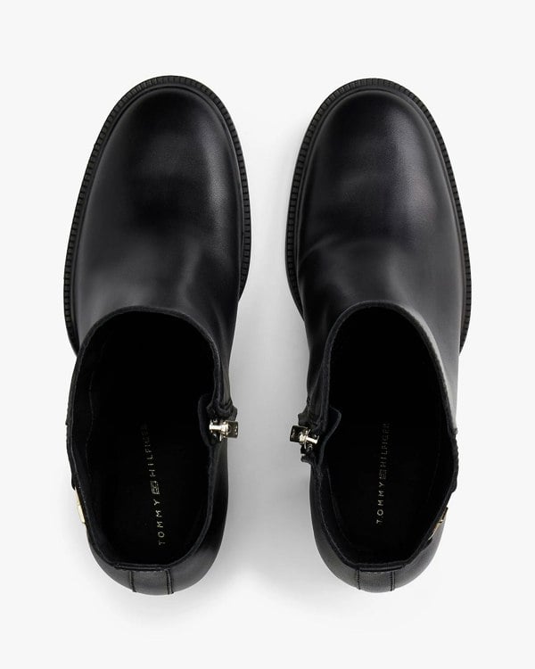 Tommy Hilfiger Stacked Heel Leather Womens Ankle Boots - Black