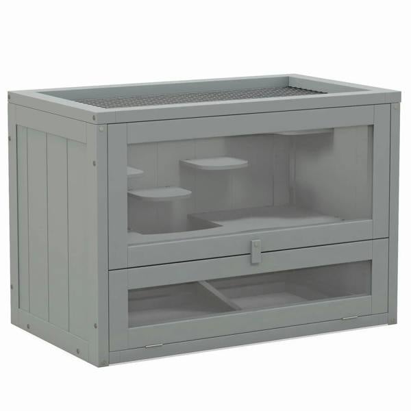 Grey wooden small animal cage hutch with mesh top and sliding front door opening