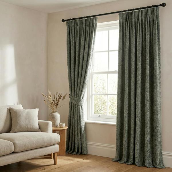 Athens made-to-measure curtains in Lagoon, styled in a living room