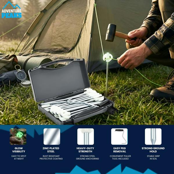 Adventure Peaks Steel Tent Pegs with Glow Heads - Set of 20 Zinc Plated Metal Ground Pegs with Peg Puller, Camping & Gazebo Pegs