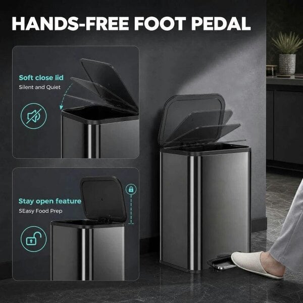 50L Kitchen Bin, Metal Pedal Rubbish Bin with Soft Close and Stay-Open Lid, Removable Inner Bucket, High Gloss Black