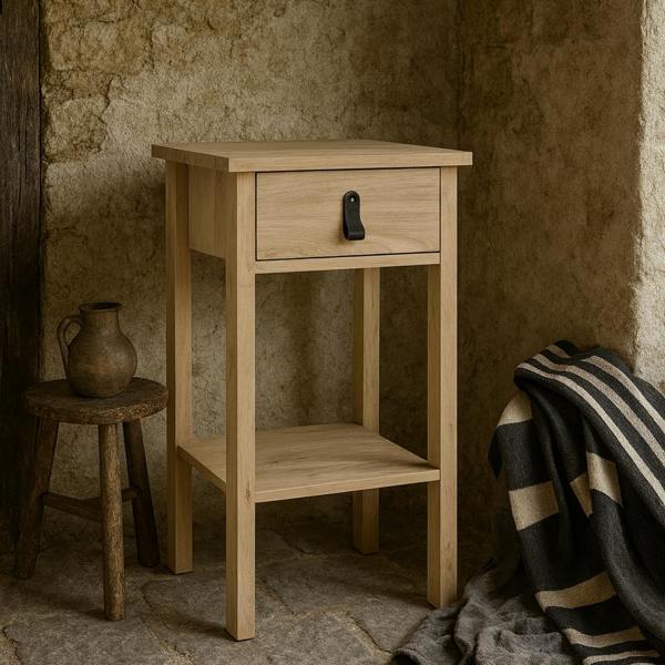 Wyld Haus Wildberry Natural Oak Wood Bedside Table 1 Drawer Leather Handle