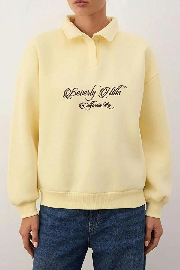 WOVCOR Shirt Collar Slogan Embroidered Polar Fleece Knit Sweatshirt