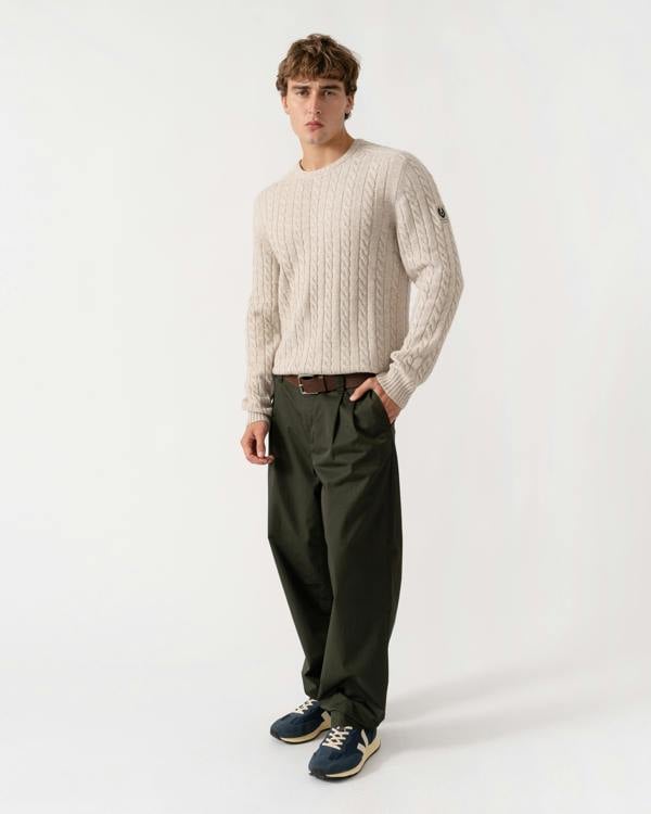 Outfit shot of Belstaff Mens Westport Crew Neck Cable Knit Jumper - Pale Stone