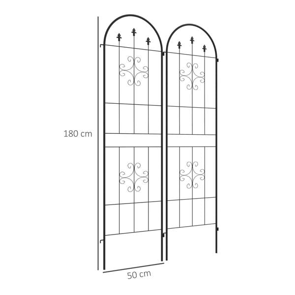 Two black arched metal trellis panels with scroll details and horizontal grid bars