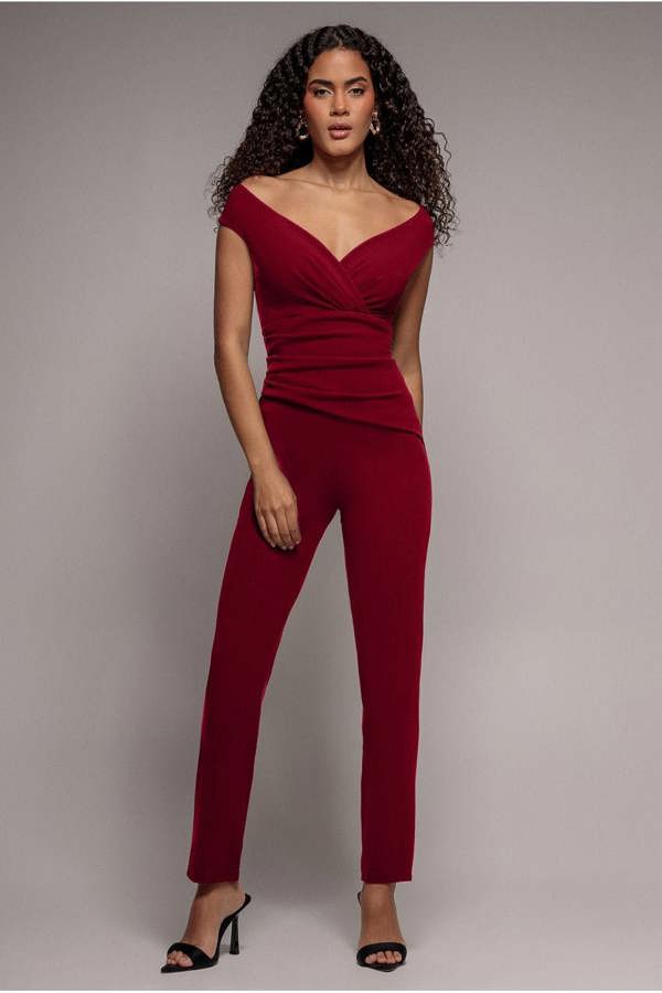 Scuba Crepe Wrap Bardot Jumpsuit - Wine TR113