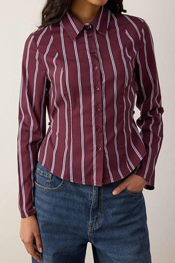 WOVCOR Striped Shirt with Adjustable Waist and Wide Sleeves