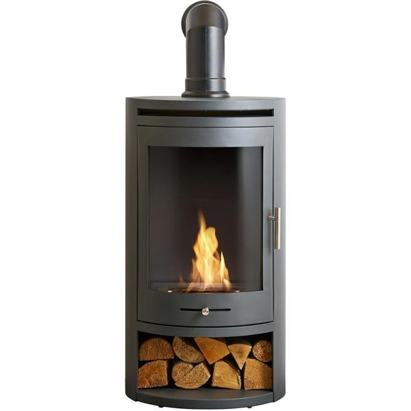 OKO S5 Bio Ethanol Cylinder Stove with Log Storage in Charcoal Grey & Angled Stove Pipe