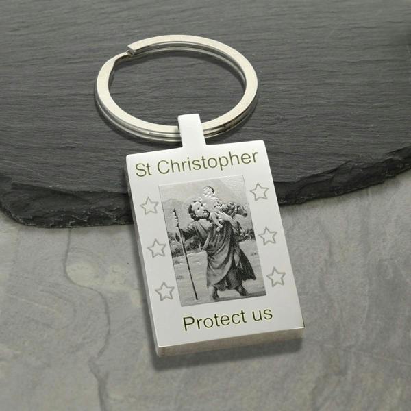 Christopher James of London Mirror Polished Rectangle St Christopher Photo Keyring With Optional Engraving