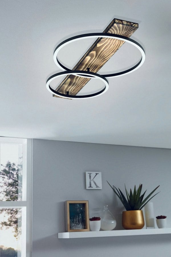 2 PACK Wall Flush Ceiling Light Black & Rustic Wood Shade White Plastic LED Loops