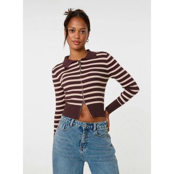 Pink Vanilla Stripe Zip Through Ribbed Jumper