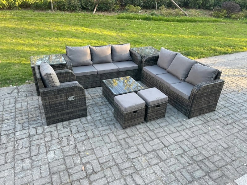 Fimous 9 Seater Dark Grey Mixed Rattan Outdoor Sofa Set - Conservatory Patio, Coffee Table, Reclining Chair, 2 Small Footstools & 2 Side Tables