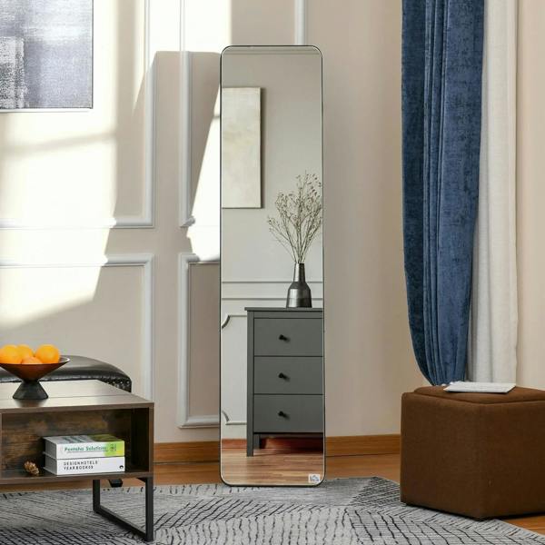 Black rectangular full-length mirror on floor stand with rounded corners