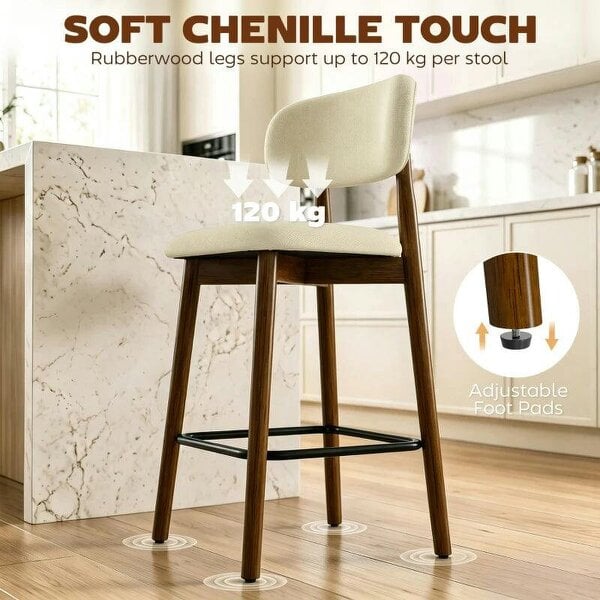 Bar Stools Curved Open Back Padded Seat Footrest Set of 2 for Kitchen Beige