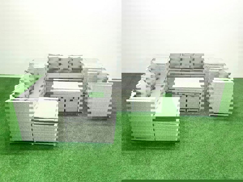 Fimous Wicker PE Rattan Sofa Garden Furniture Set with Oblong Coffee Table Armchair 3 Footstools 2 Side Tables Light Grey Mixed