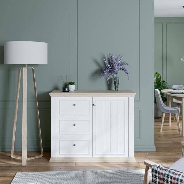 Furniture To Go Pontypool 3 Drawer & 1 Door Sideboard in White and Riva Oak