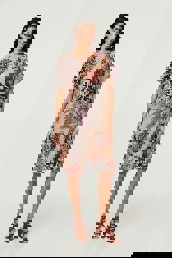 Beige | Patchwork Print Short Shift Dress