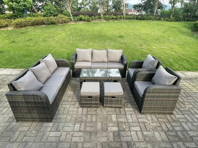 Fimous 10 Seater Dark Grey PE Wicker Rattan Garden Furniture Set Reclining Chair 3 Seater Lounge Sofa Set Outdoor Rectangular Coffee Table