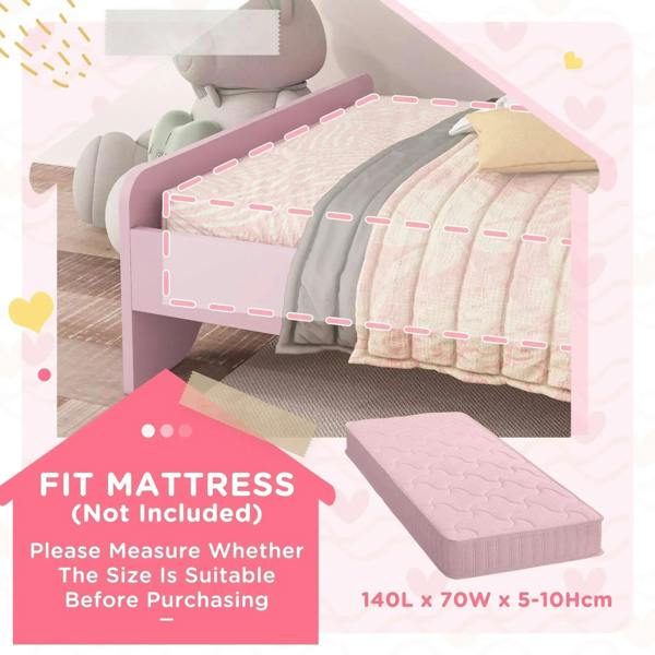 Pink cat-themed toddler bed frame showing mattress fit area and guardrail clearance.