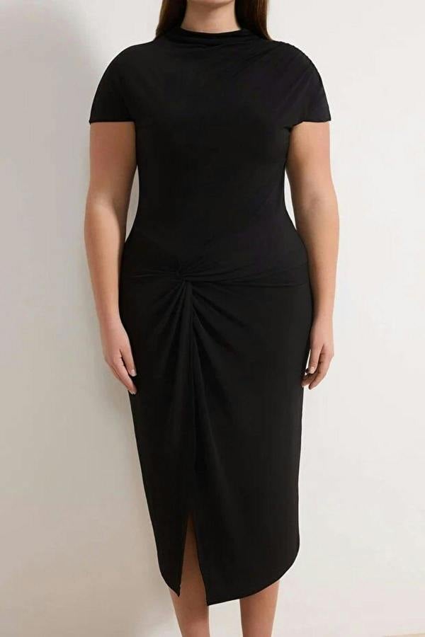 WOVCOR High Neck Knot Detail Midi Knitted Plus Size Dress
