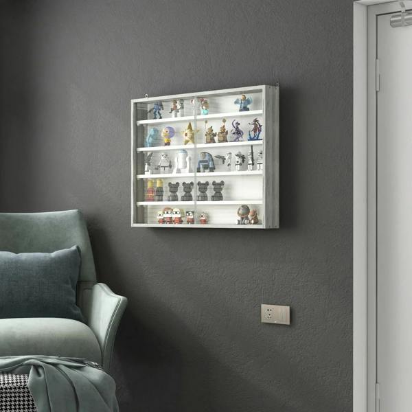 Grey wood-grain wall display cabinet with glass doors showing figurines on shelves