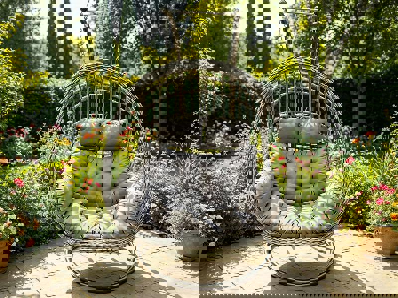 Fimous Rattan Garden Two Seater Hanging Egg Chair Indoor Outdoor Patio Furniture with Grey Cushion