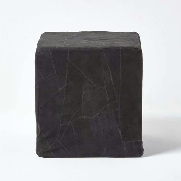 HOMESCAPES Black Leather and Suede Patchwork Cube Pouffe - 36 x 36 x 38 cm