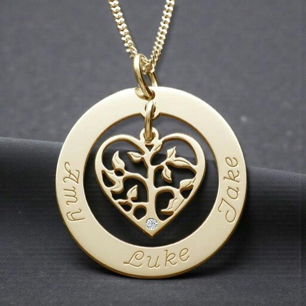 9ct Yellow Gold Plated Filigree Heart Tree of Life Family Necklace With Crystal Or Real Diamond - Love Silver Jewellery