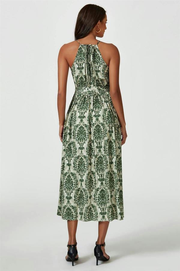 FS Collection Green & Beige Floral Print Tie Halterneck Maxi Dress