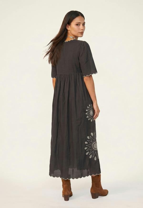 Raffya Ibiza Smock Embroidered Midi Dress In Slate Grey
