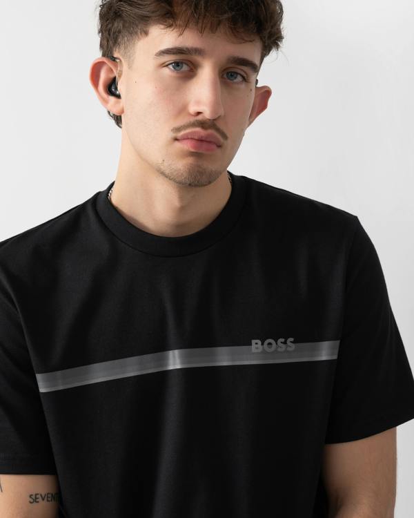close up shot of a model wearing a BOSS Orange Authentic Mens Loungewear T-Shirt in Black 004