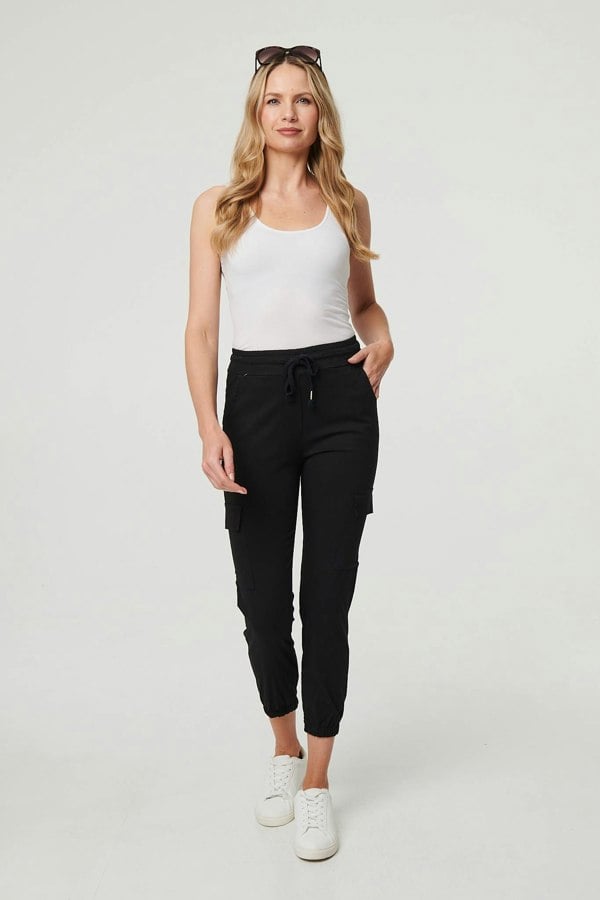 Black | High Waist Slim Fit Cropped Cargo Pants
