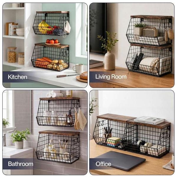 Toque Fruit Snack Storage Basket 2PCS Stackable Wall Mounted Kitchen Wood Lid