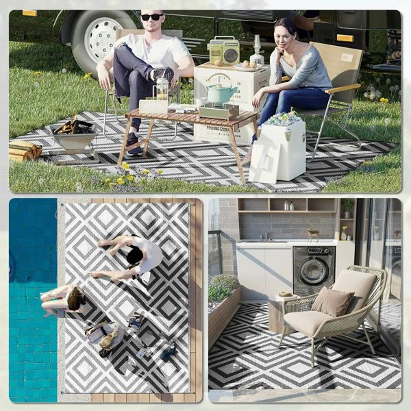 Black and white diamond-pattern outdoor rug shown in reversible layout
