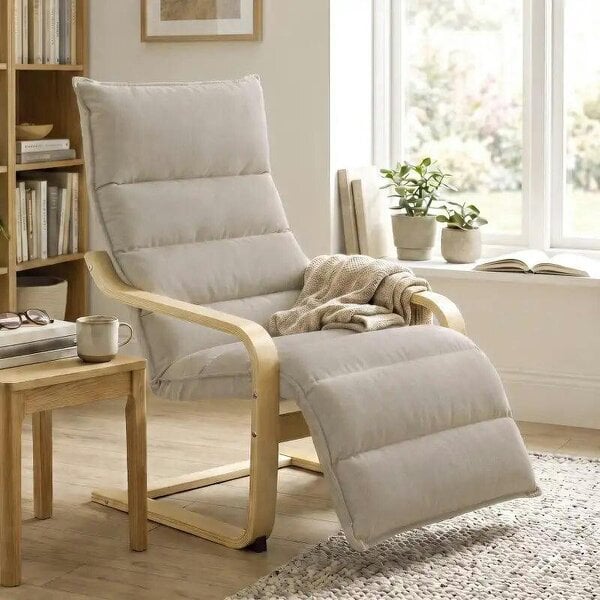 Curved Wooden Accent Chair, Armchair with Adjustable Footrest, Light Brown - Light Brown