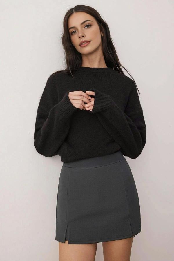 WOVCOR A-line Flexible Knit Mini Short Skirt with Slit