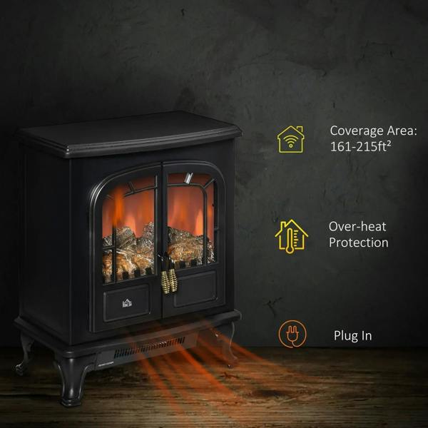 Black electric fireplace stove heater with double glass doors and glowing LED flames
