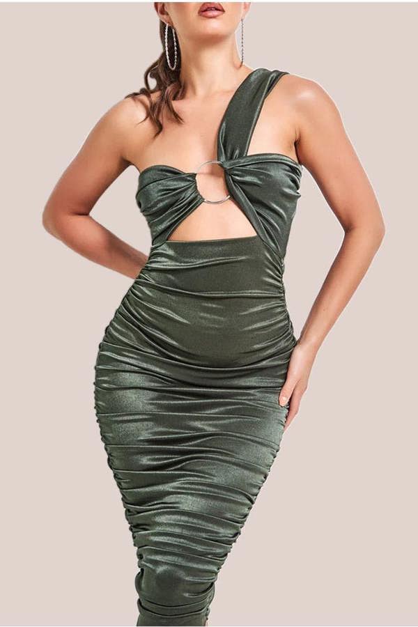 Ring Detail One Shoulder Ruched Midi - Khaki DR3548